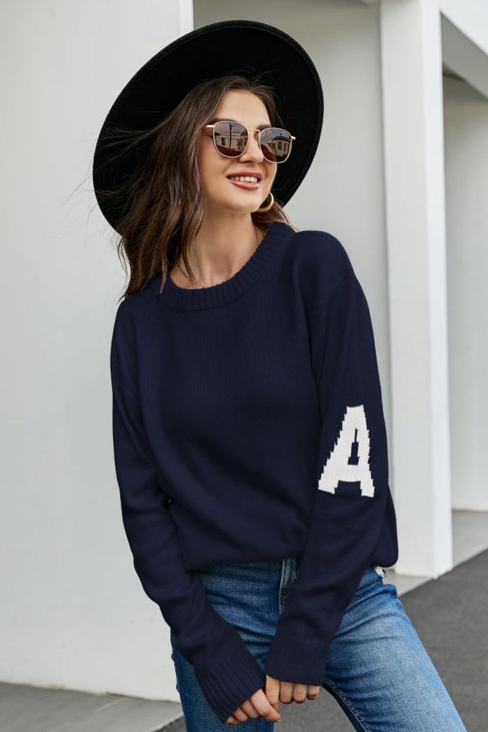 Contrast Round Neck Dropped Shoulder Sweater BLUE ZONE PLANET