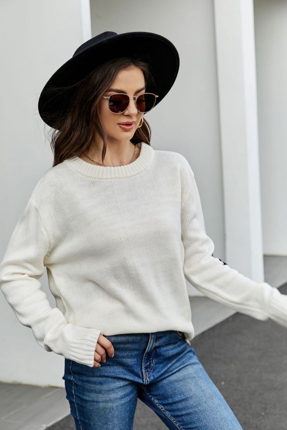 Contrast Round Neck Dropped Shoulder Sweater BLUE ZONE PLANET