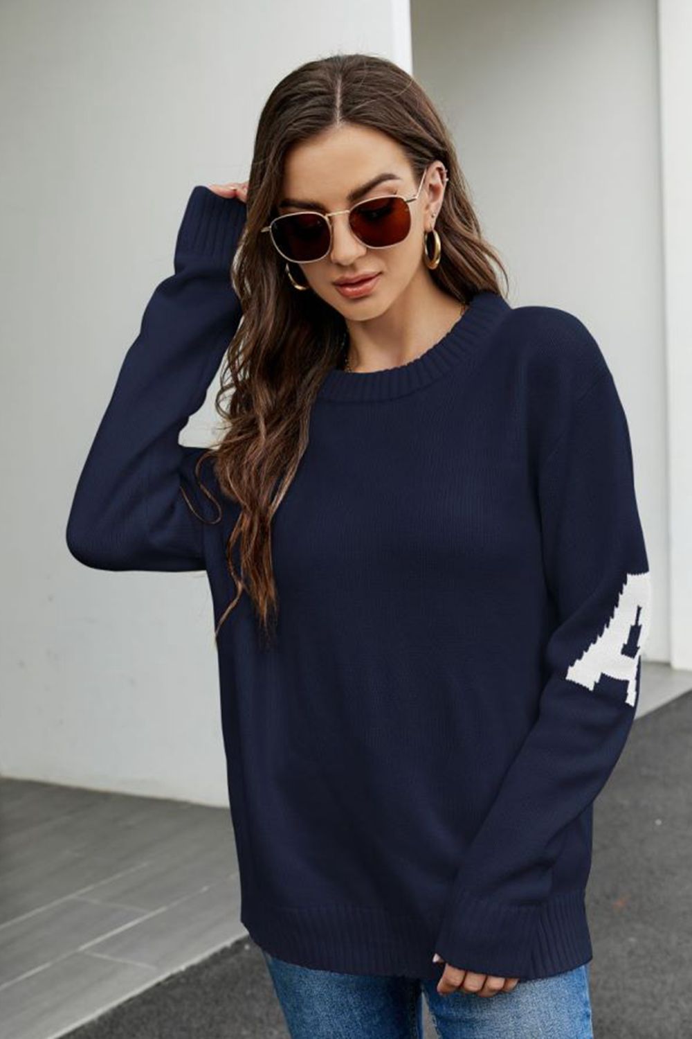 Contrast Round Neck Dropped Shoulder Sweater BLUE ZONE PLANET