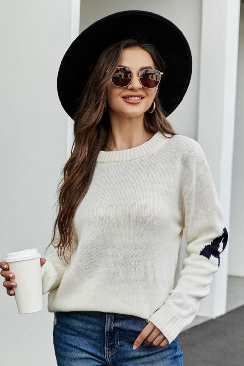Contrast Round Neck Dropped Shoulder Sweater BLUE ZONE PLANET