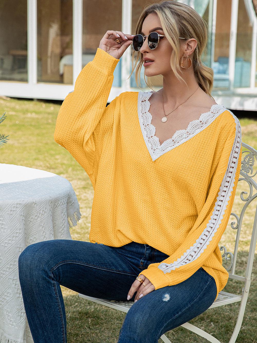 Contrast Spliced Lace V-Neck Top BLUE ZONE PLANET