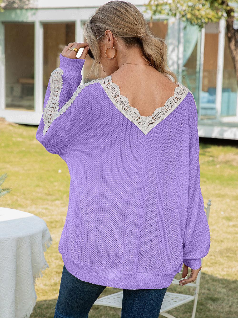 Contrast Spliced Lace V-Neck Top BLUE ZONE PLANET