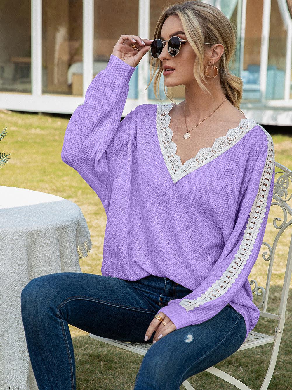 Contrast Spliced Lace V-Neck Top BLUE ZONE PLANET