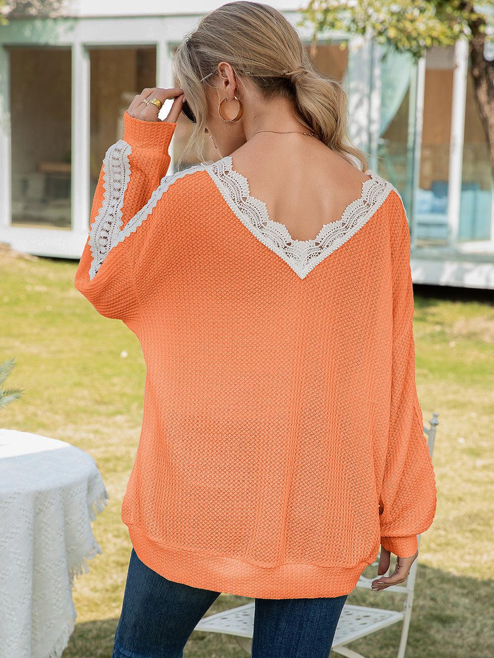 Contrast Spliced Lace V-Neck Top BLUE ZONE PLANET