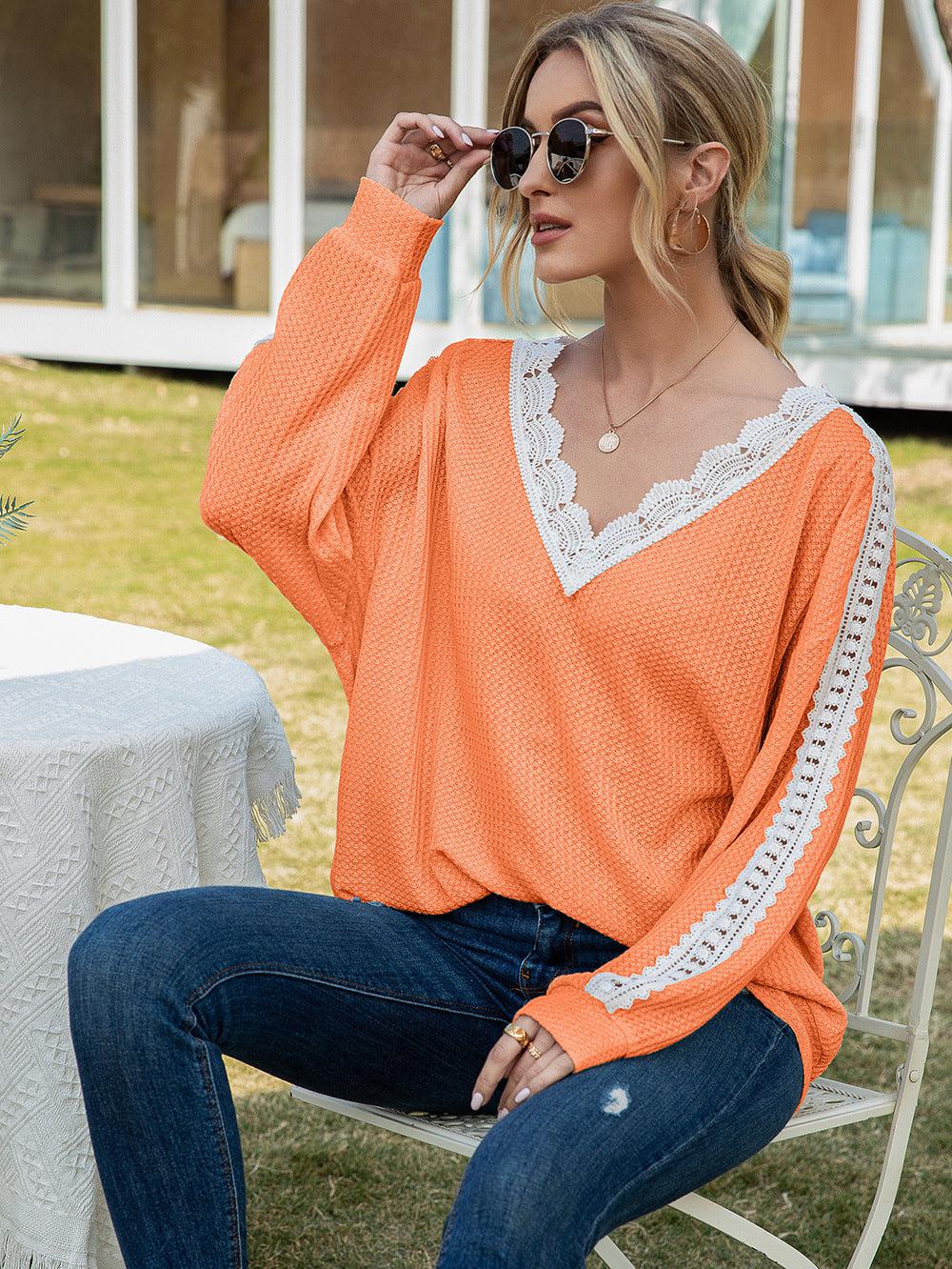 Contrast Spliced Lace V-Neck Top BLUE ZONE PLANET