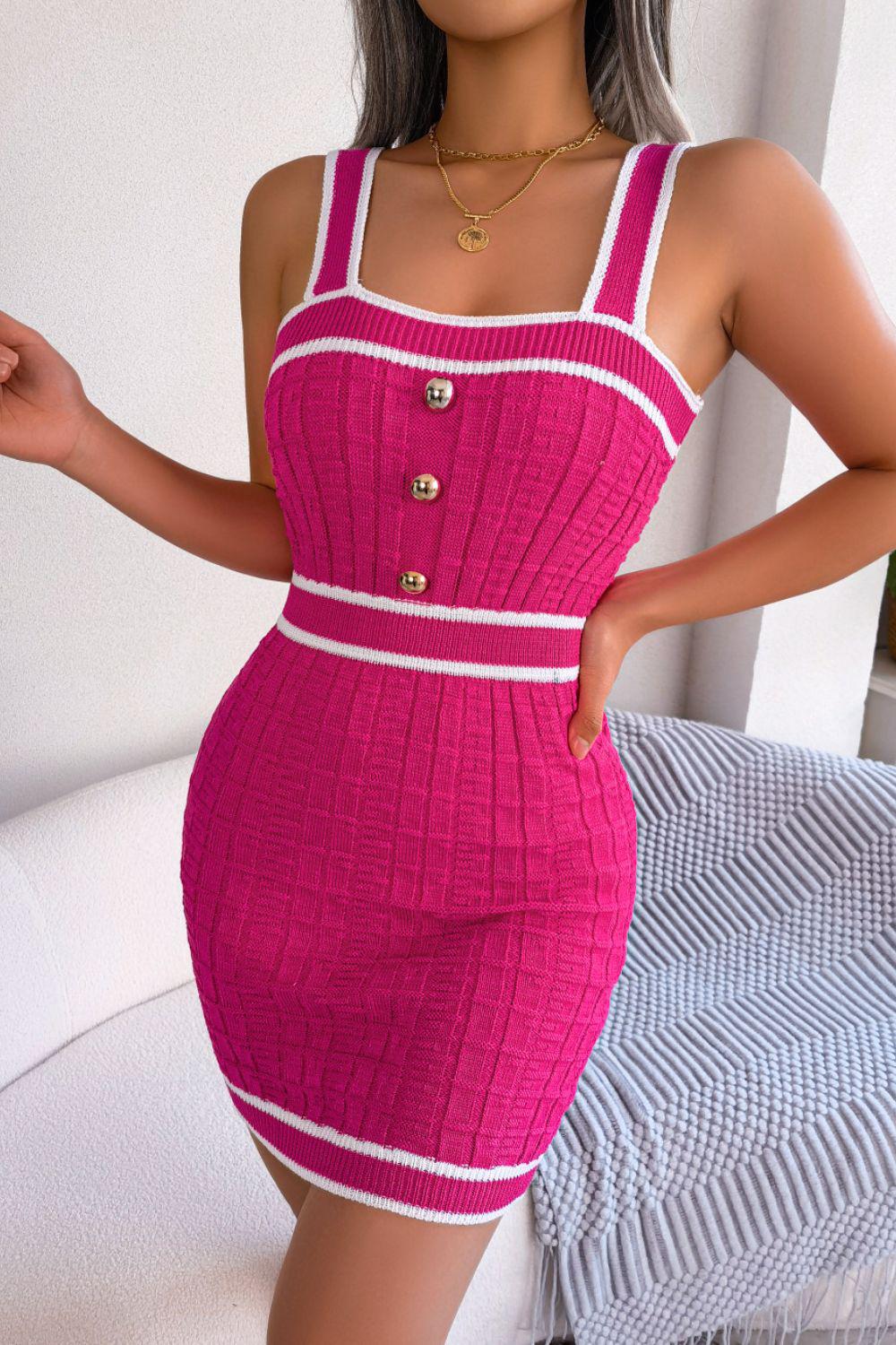 Contrast Trim Decorative Button Sleeveless Knit Dress BLUE ZONE PLANET