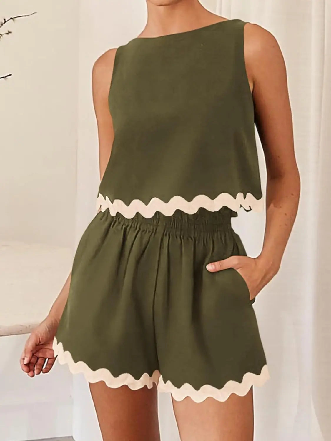 Contrast Trim Sleeveless Top and Shorts Set BLUE ZONE PLANET