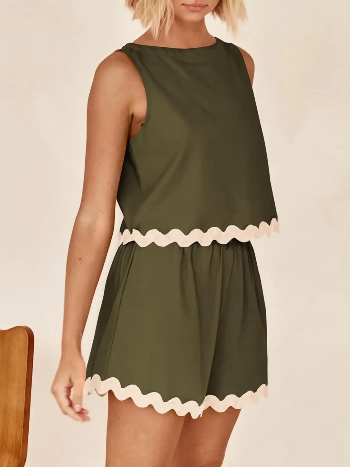 Contrast Trim Sleeveless Top and Shorts Set BLUE ZONE PLANET