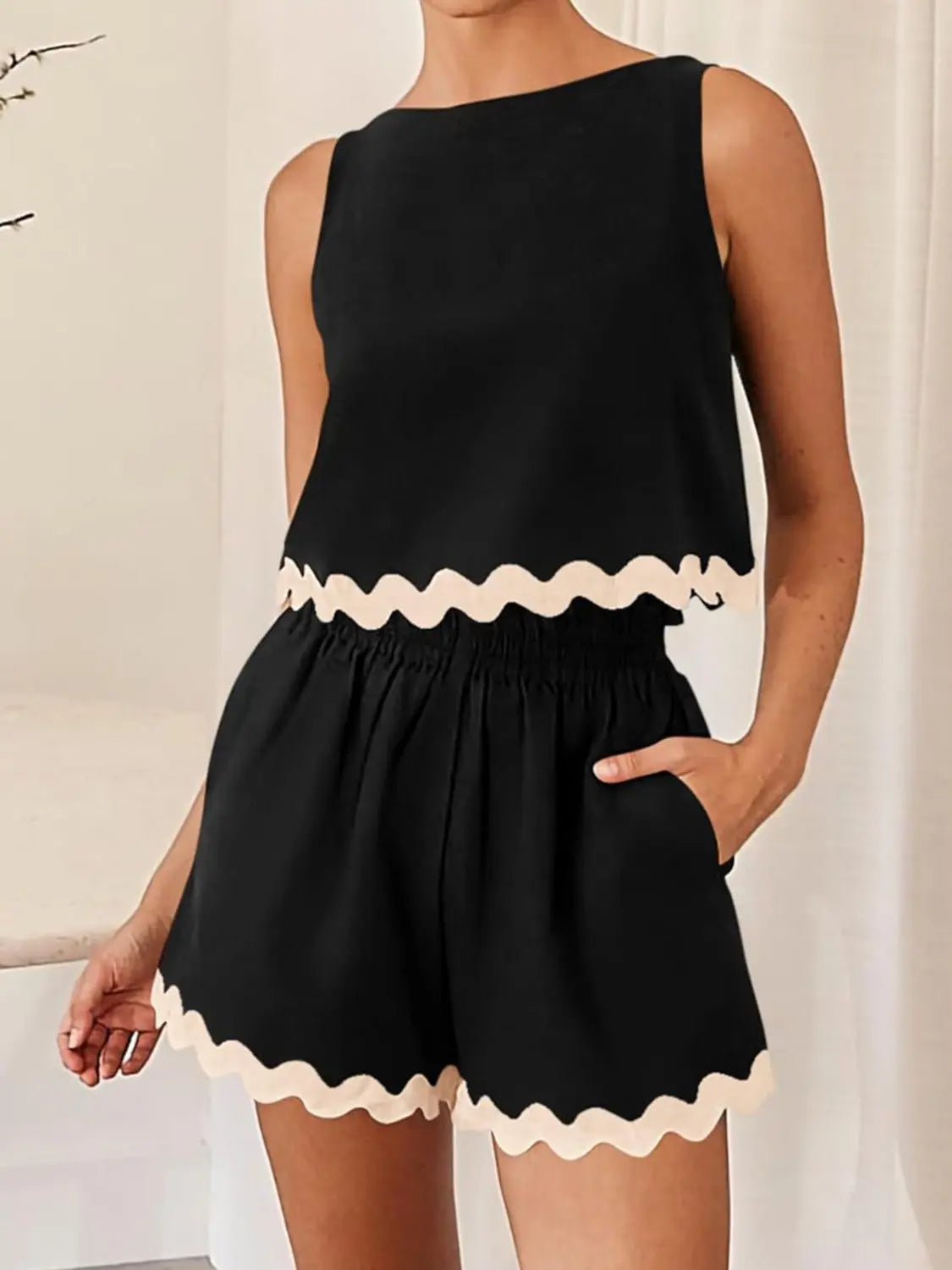 Contrast Trim Sleeveless Top and Shorts Set BLUE ZONE PLANET