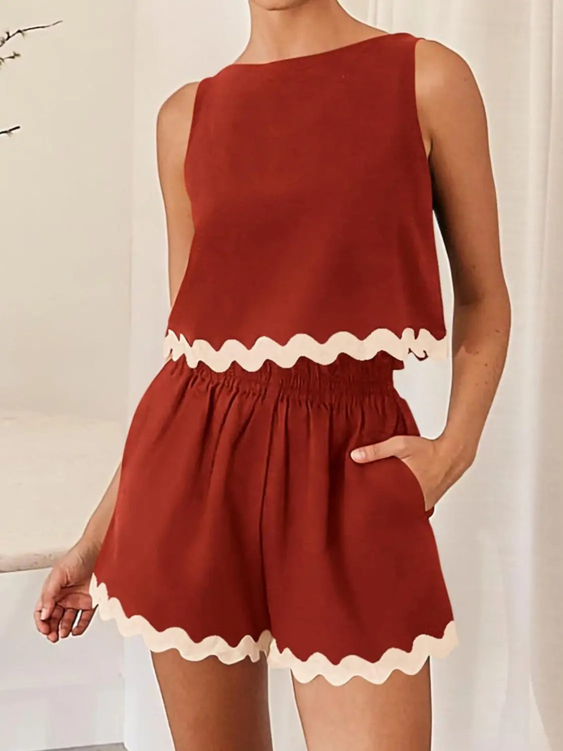 Contrast Trim Sleeveless Top and Shorts Set BLUE ZONE PLANET