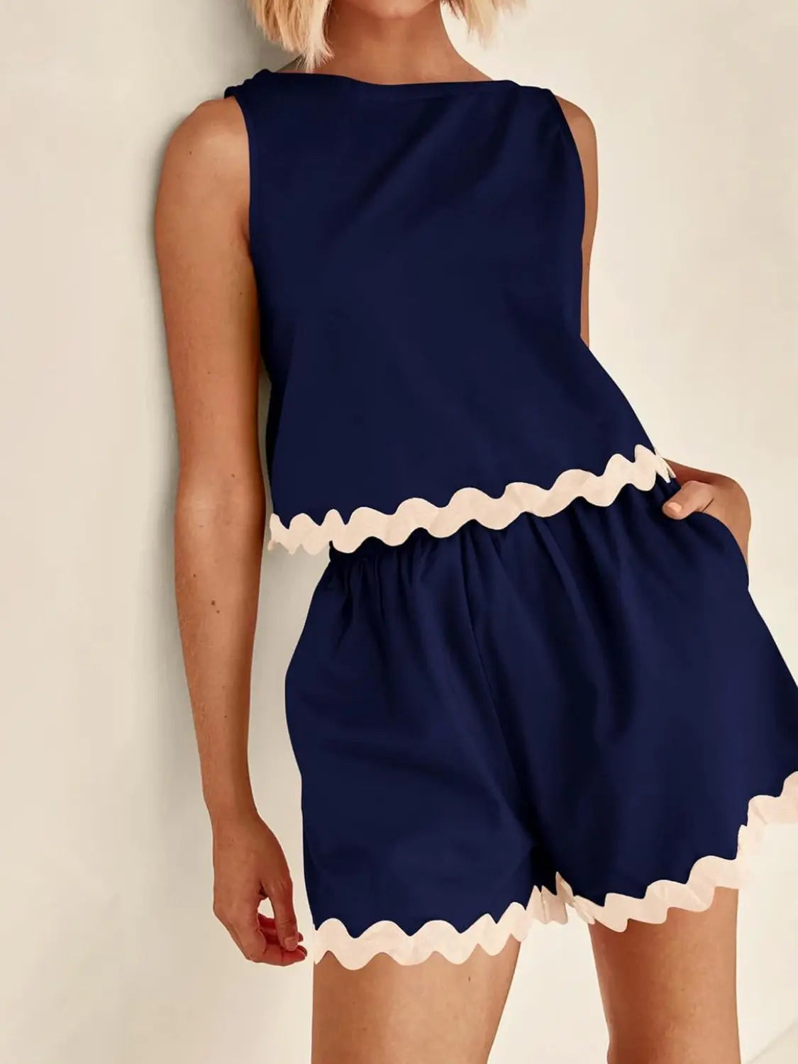 Contrast Trim Sleeveless Top and Shorts Set BLUE ZONE PLANET