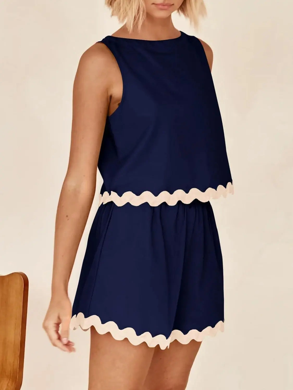 Contrast Trim Sleeveless Top and Shorts Set BLUE ZONE PLANET