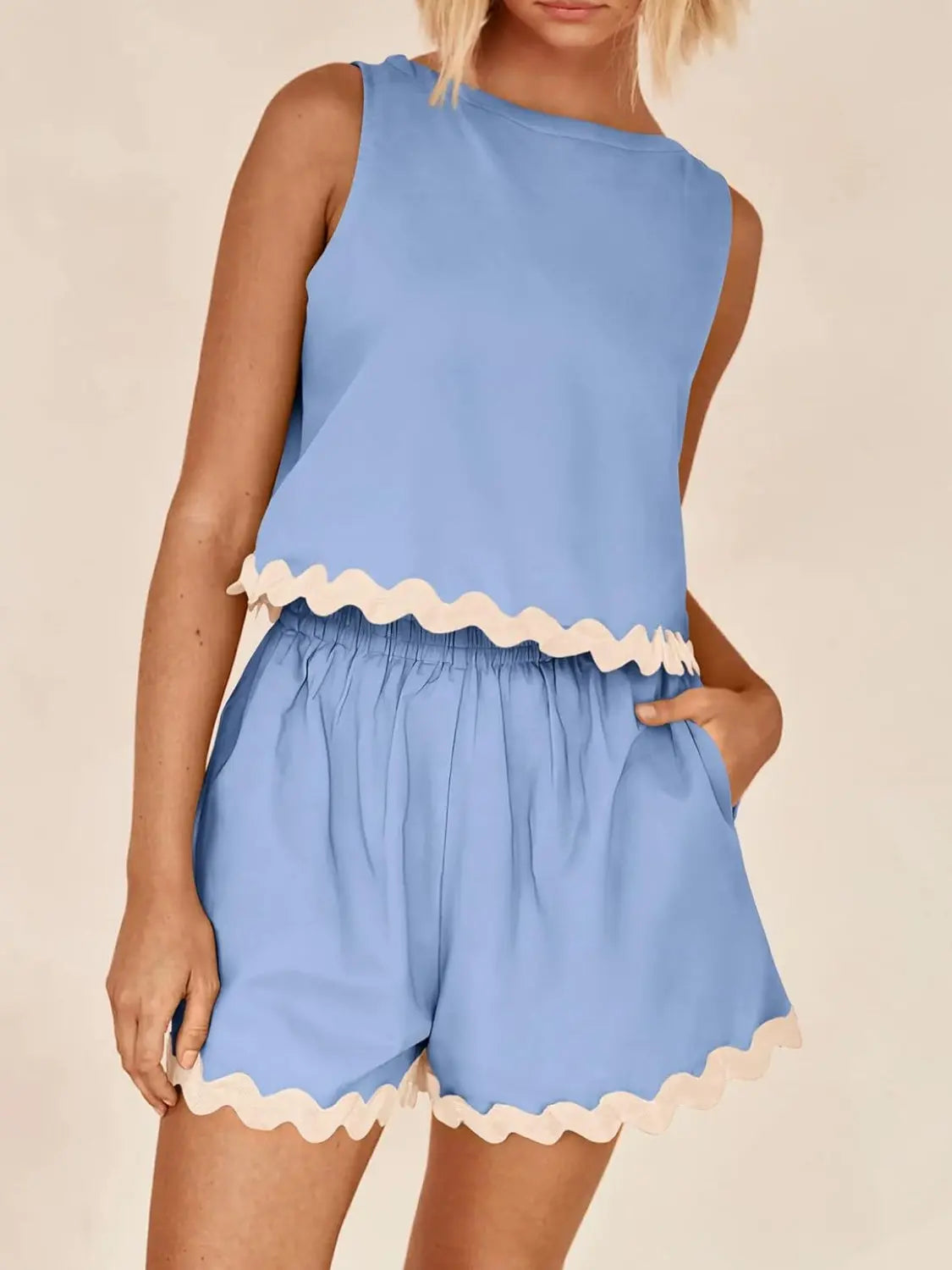 Contrast Trim Sleeveless Top and Shorts Set BLUE ZONE PLANET
