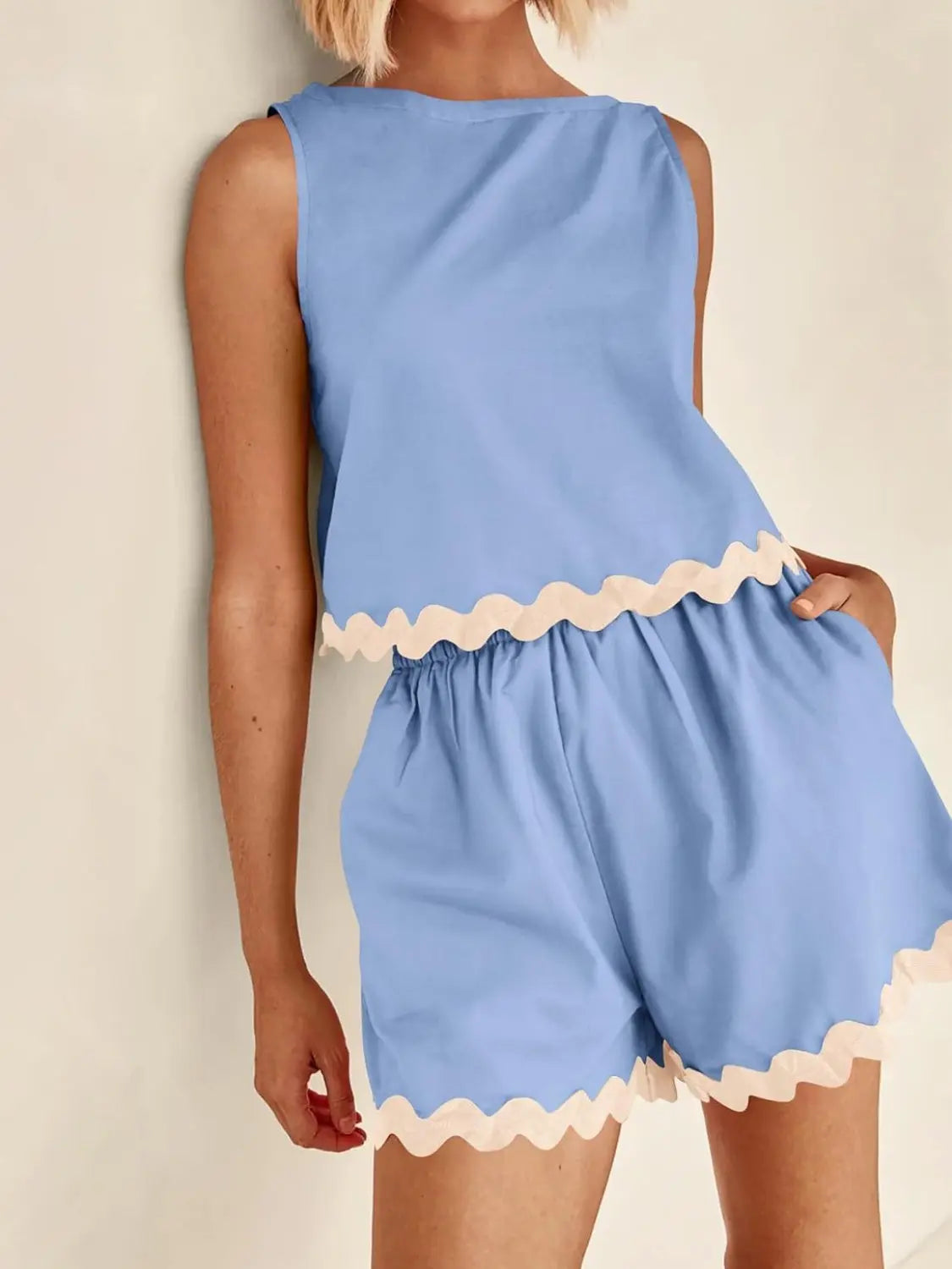Contrast Trim Sleeveless Top and Shorts Set BLUE ZONE PLANET