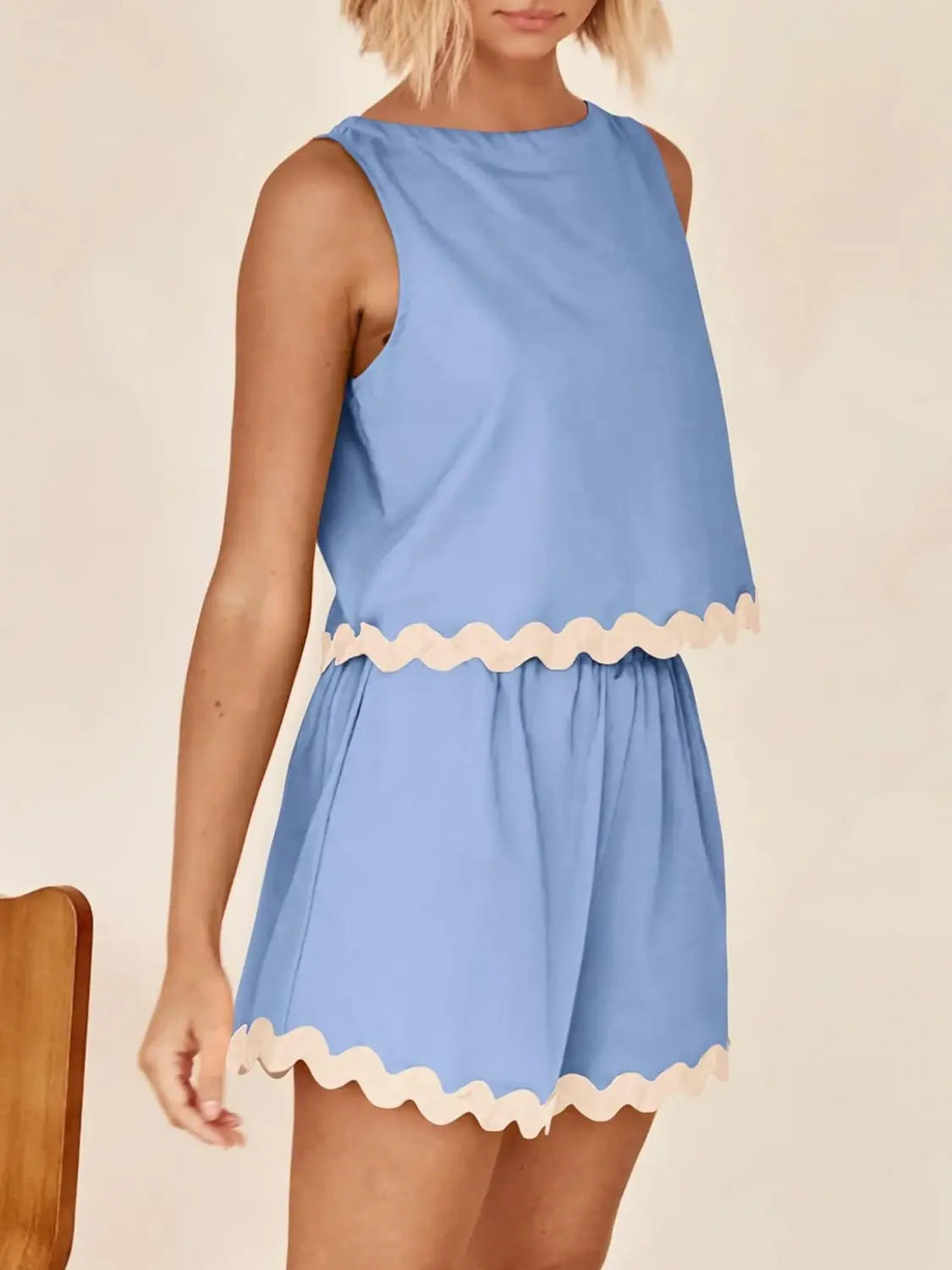 Contrast Trim Sleeveless Top and Shorts Set BLUE ZONE PLANET
