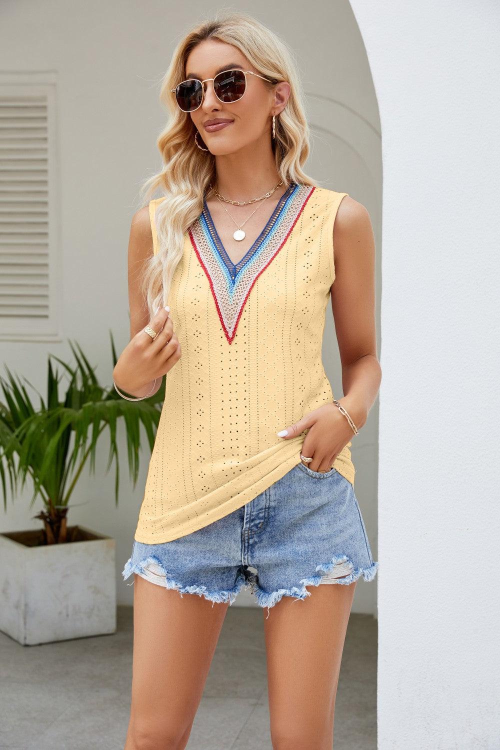 Contrast V-Neck Eyelet Tank BLUE ZONE PLANET