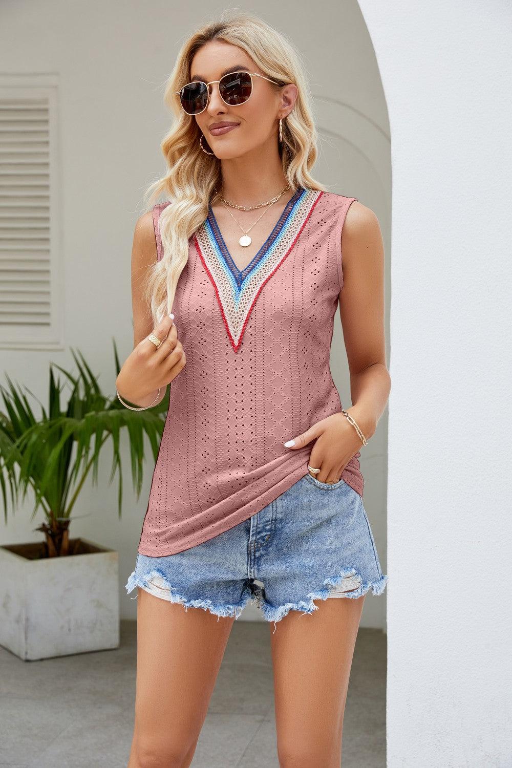Contrast V-Neck Eyelet Tank BLUE ZONE PLANET