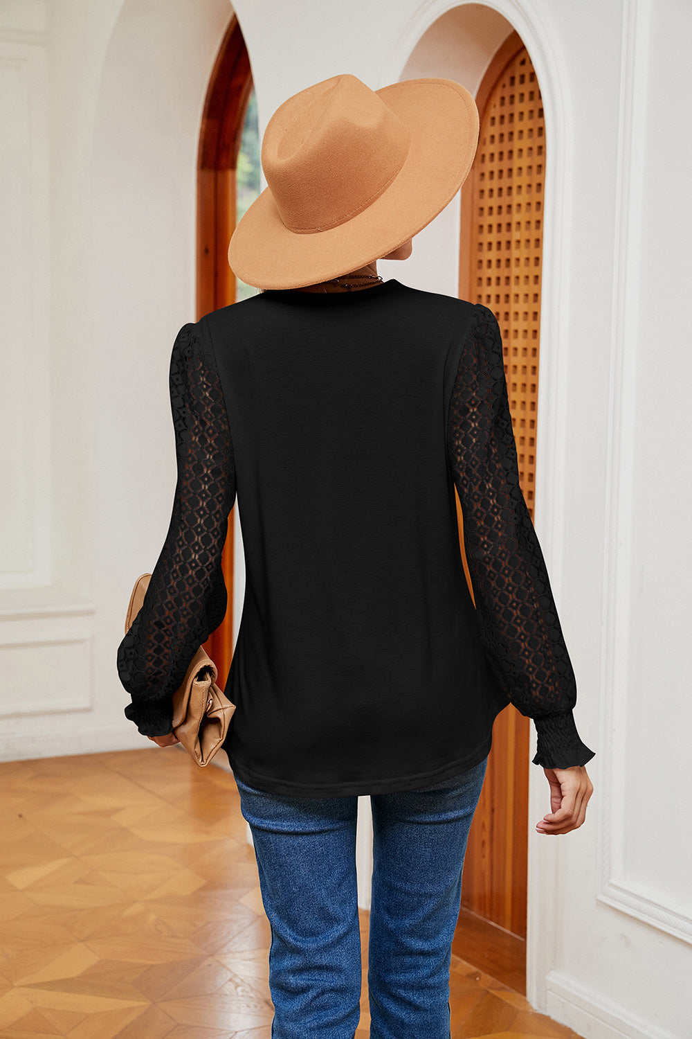 Contrast V-Neck Long Sleeve Blouse BLUE ZONE PLANET