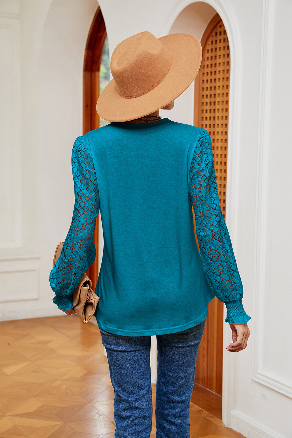 Contrast V-Neck Long Sleeve Blouse BLUE ZONE PLANET