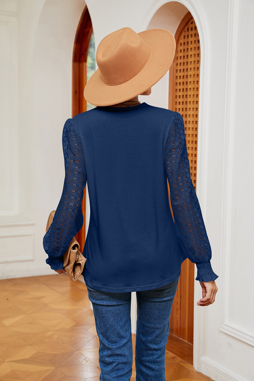 Contrast V-Neck Long Sleeve Blouse BLUE ZONE PLANET