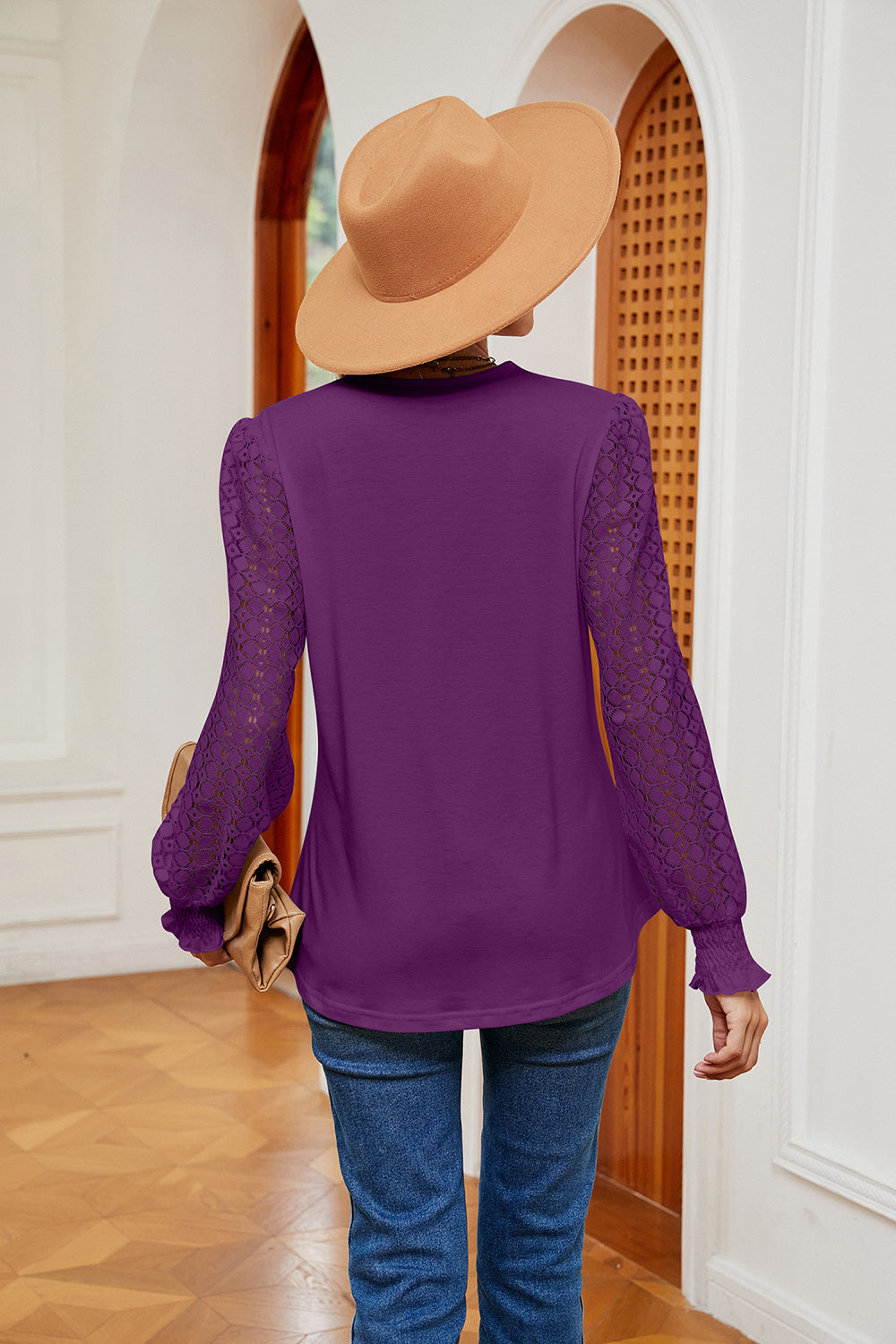 Contrast V-Neck Long Sleeve Blouse BLUE ZONE PLANET