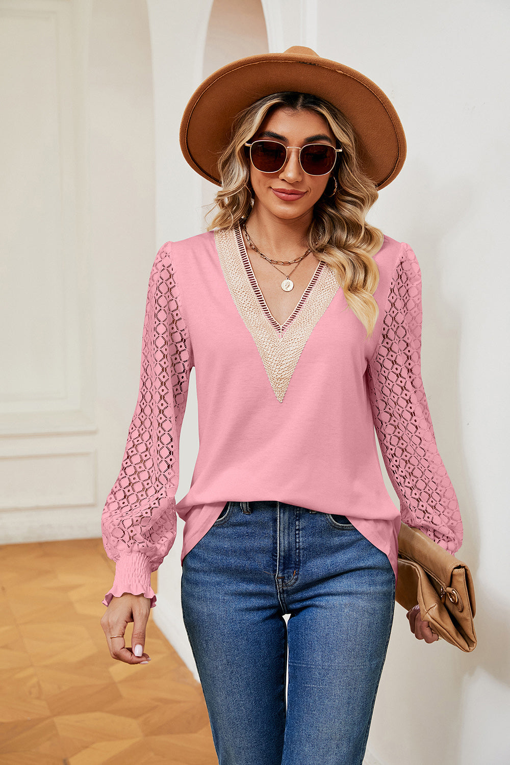 Contrast V-Neck Long Sleeve Blouse BLUE ZONE PLANET