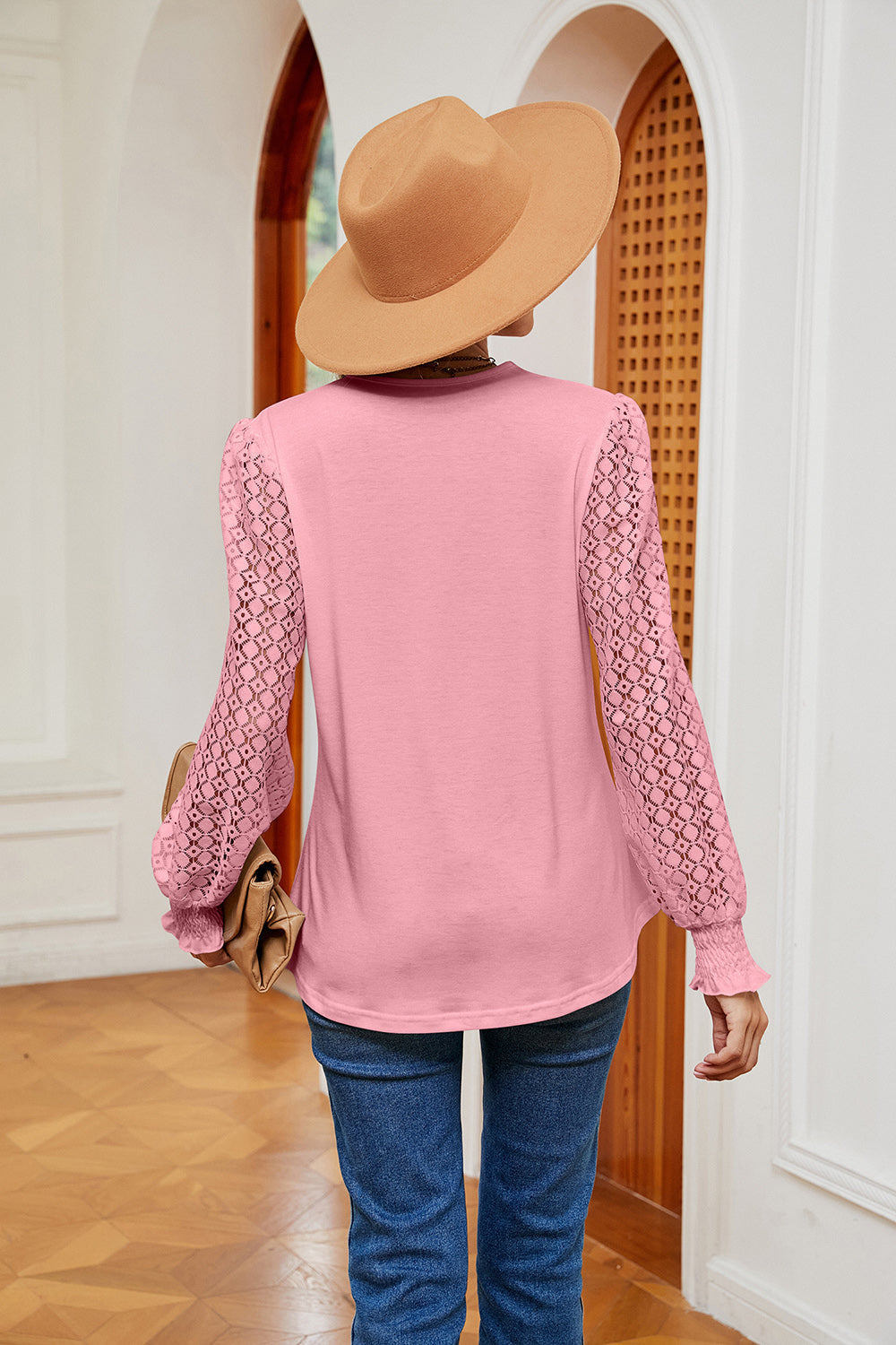 Contrast V-Neck Long Sleeve Blouse BLUE ZONE PLANET