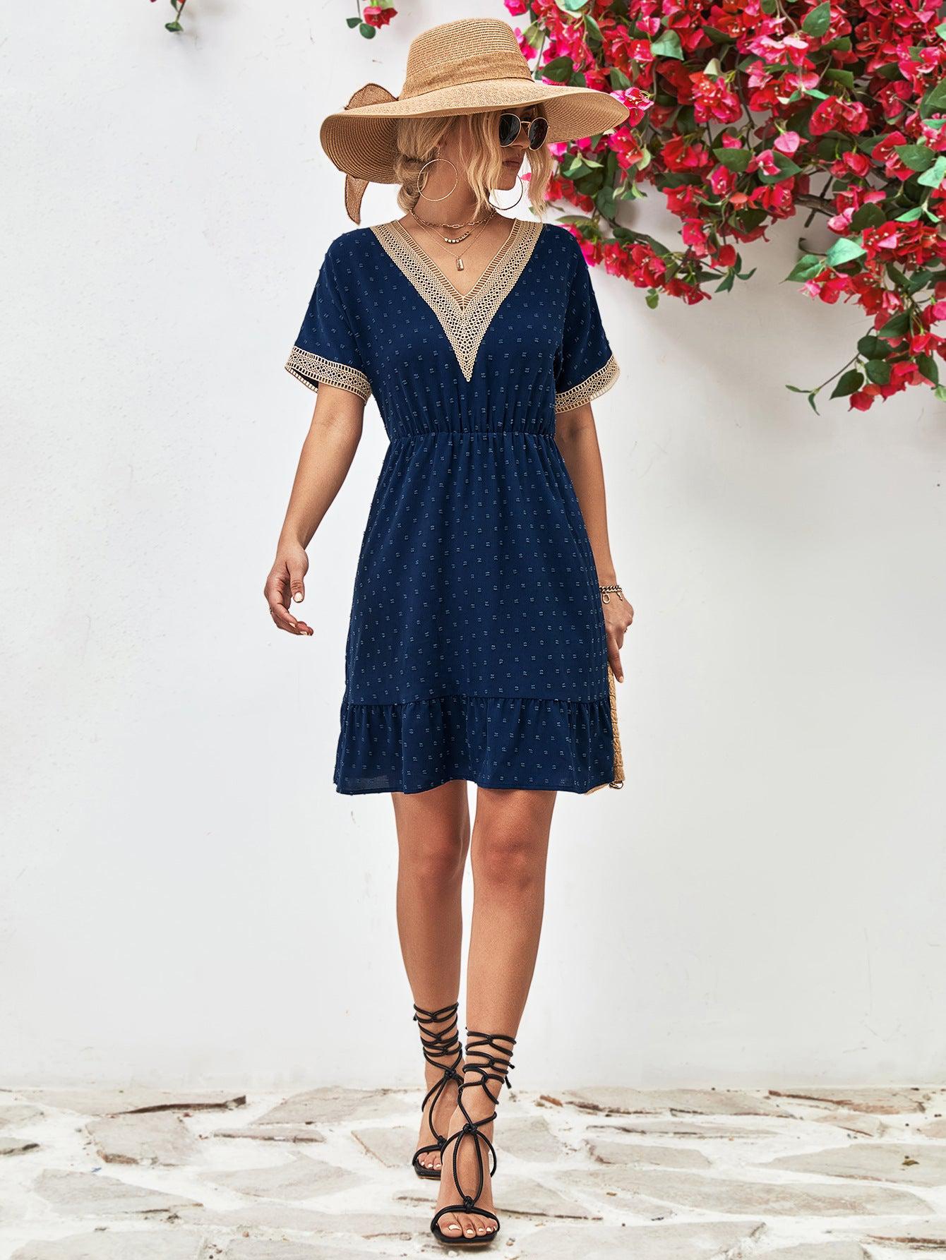 Contrast V-Neck Short Sleeve Mini Dress BLUE ZONE PLANET