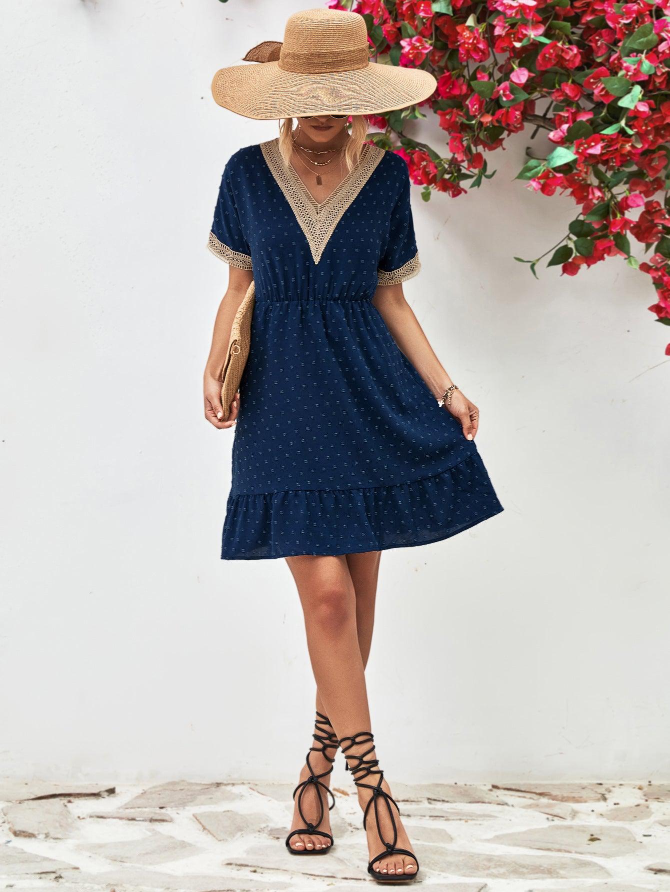 Contrast V-Neck Short Sleeve Mini Dress BLUE ZONE PLANET