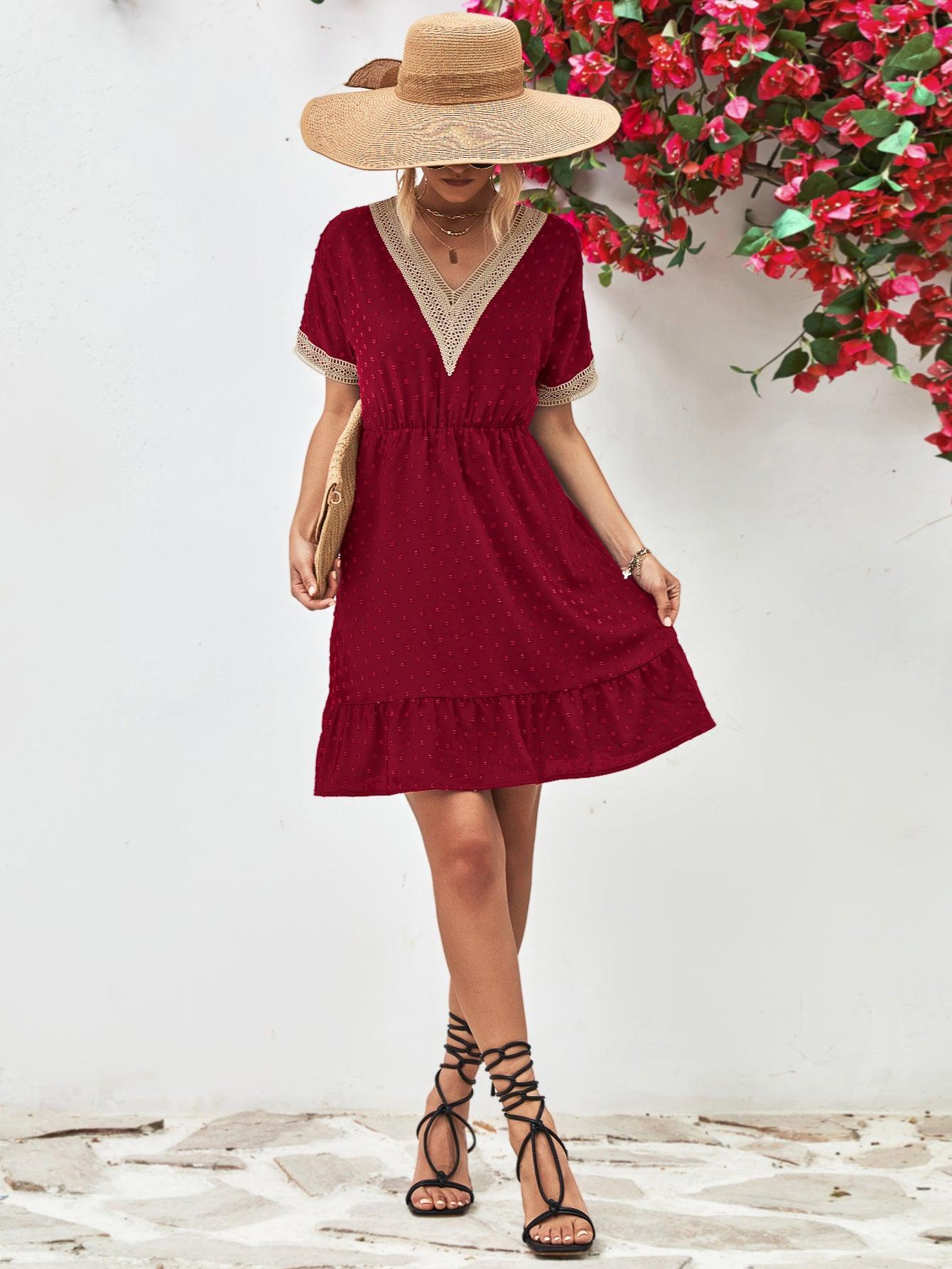 Contrast V-Neck Short Sleeve Mini Dress BLUE ZONE PLANET