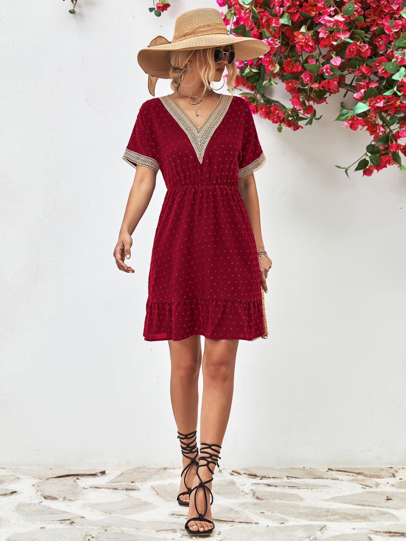 Contrast V-Neck Short Sleeve Mini Dress BLUE ZONE PLANET