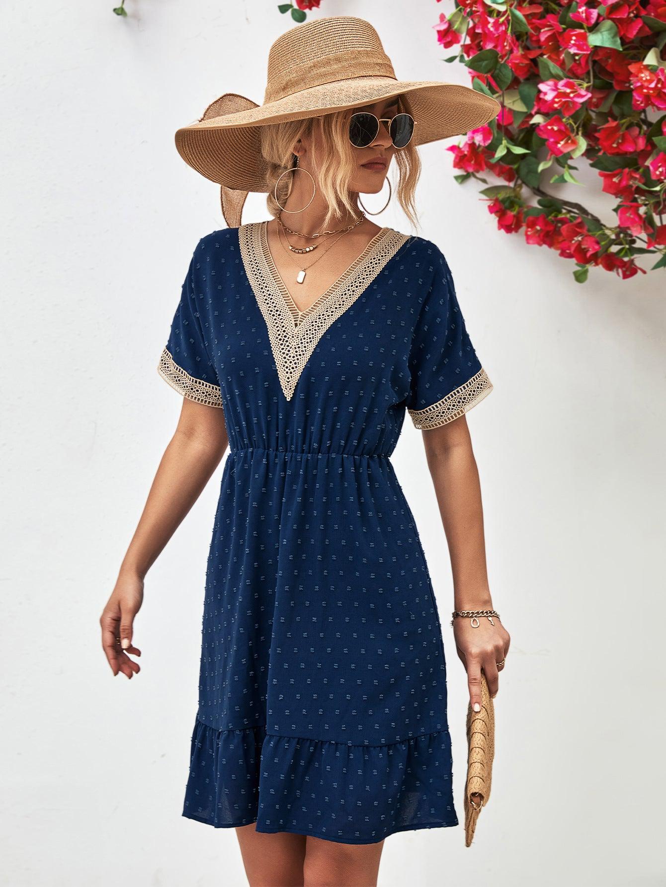 Contrast V-Neck Short Sleeve Mini Dress BLUE ZONE PLANET