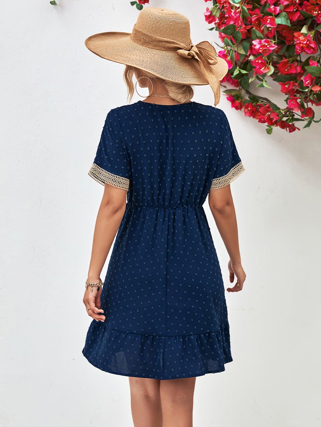 Contrast V-Neck Short Sleeve Mini Dress BLUE ZONE PLANET