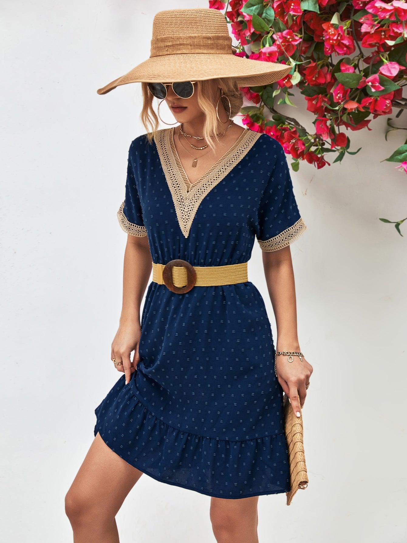Contrast V-Neck Short Sleeve Mini Dress BLUE ZONE PLANET