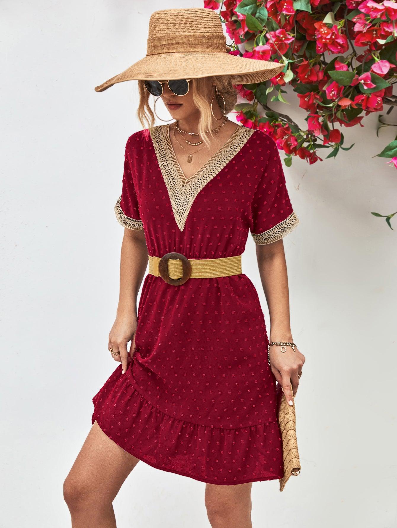 Contrast V-Neck Short Sleeve Mini Dress BLUE ZONE PLANET