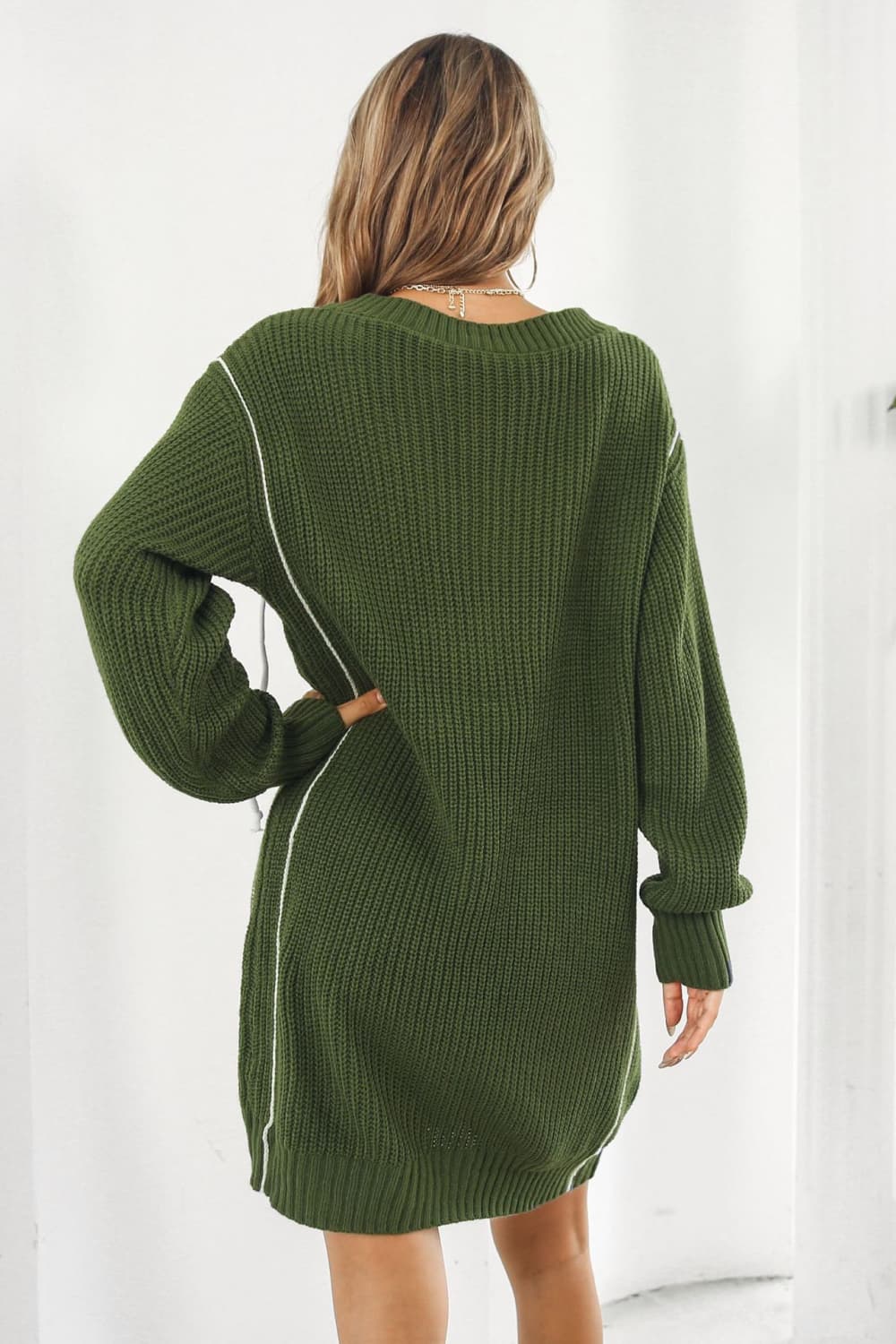 Contrast V-Neck Sweater Dress BLUE ZONE PLANET
