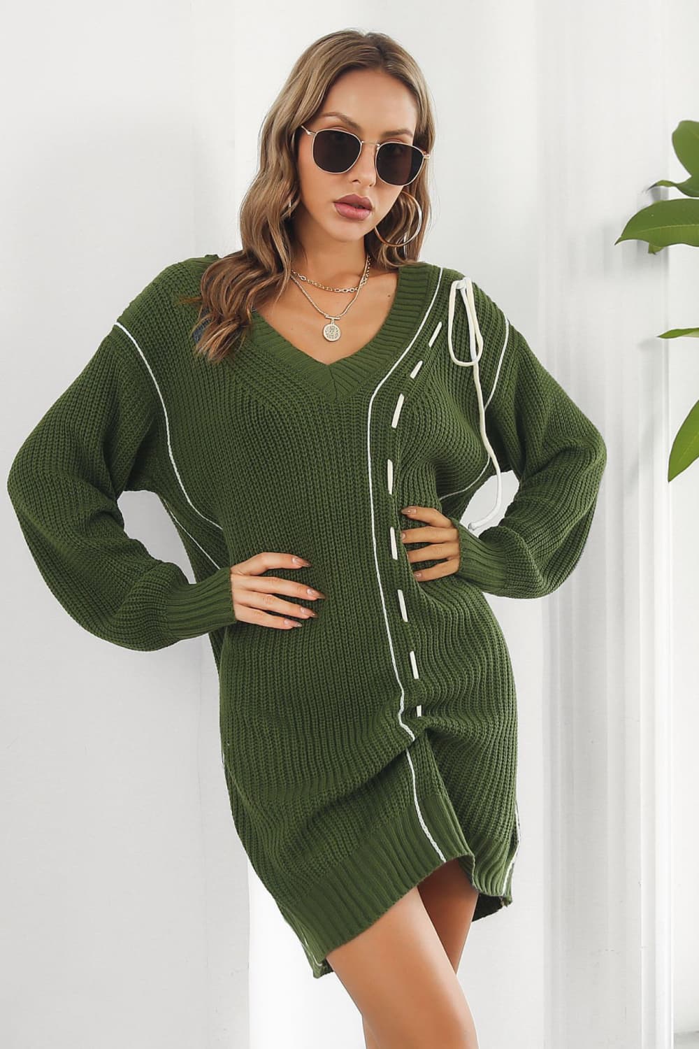 Contrast V-Neck Sweater Dress BLUE ZONE PLANET