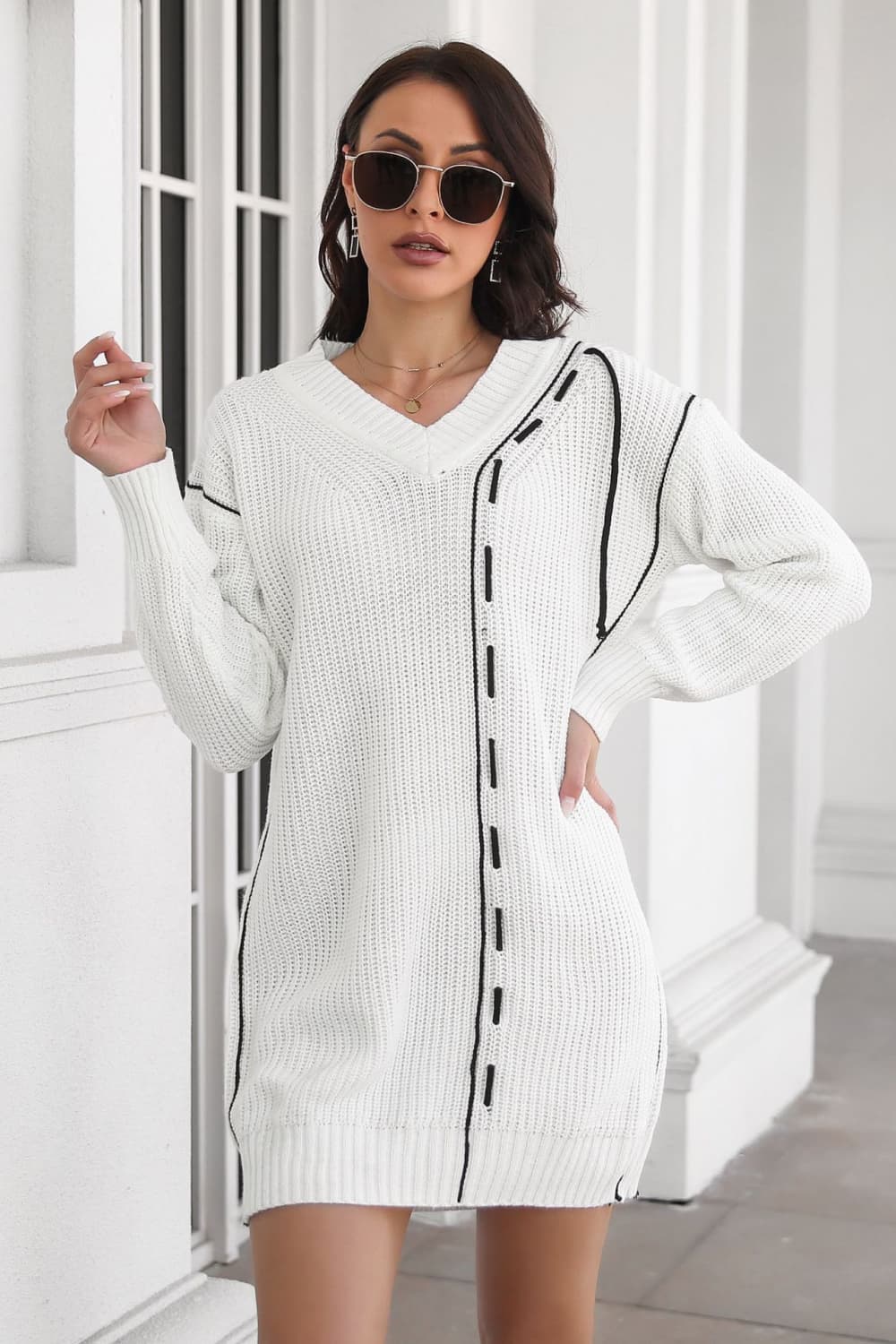 Contrast V-Neck Sweater Dress BLUE ZONE PLANET