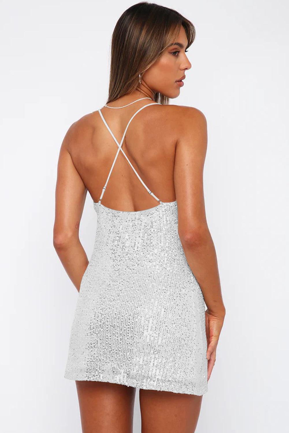 Cowl Neck Contrast Sequin Sleeveless Mini Dress BLUE ZONE PLANET