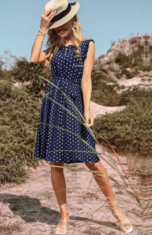 Crew Neck Short Sleeve Polka Dot Lace Up Dress BLUE ZONE PLANET