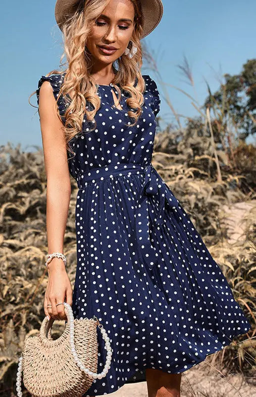 Crew Neck Short Sleeve Polka Dot Lace Up Dress BLUE ZONE PLANET