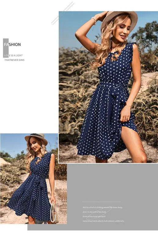 Crew Neck Short Sleeve Polka Dot Lace Up Dress BLUE ZONE PLANET