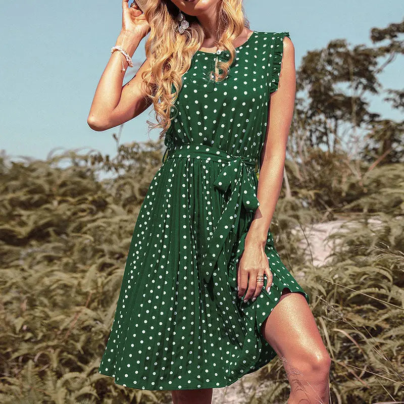 Crew Neck Short Sleeve Polka Dot Lace Up Dress BLUE ZONE PLANET