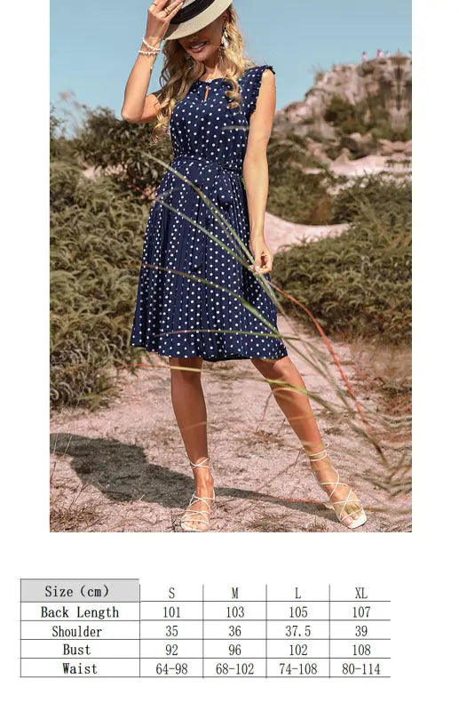 Crew Neck Short Sleeve Polka Dot Lace Up Dress BLUE ZONE PLANET