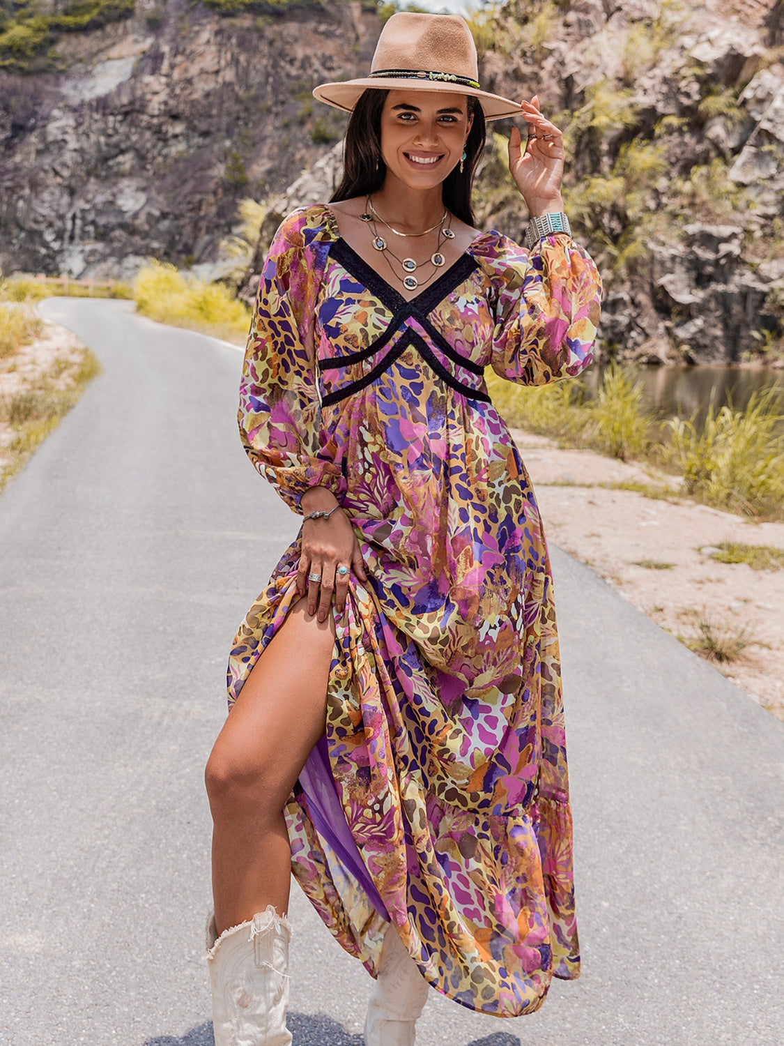 Criss-Cross Printed V-Neck Long Sleeve Midi Dress BLUE ZONE PLANET
