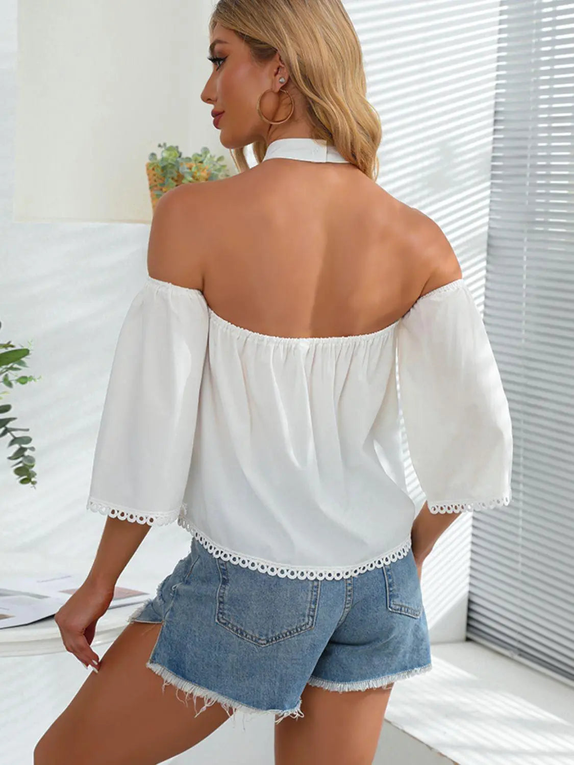 Crochet Halter Neck Cold-Shoulder Blouse BLUE ZONE PLANET