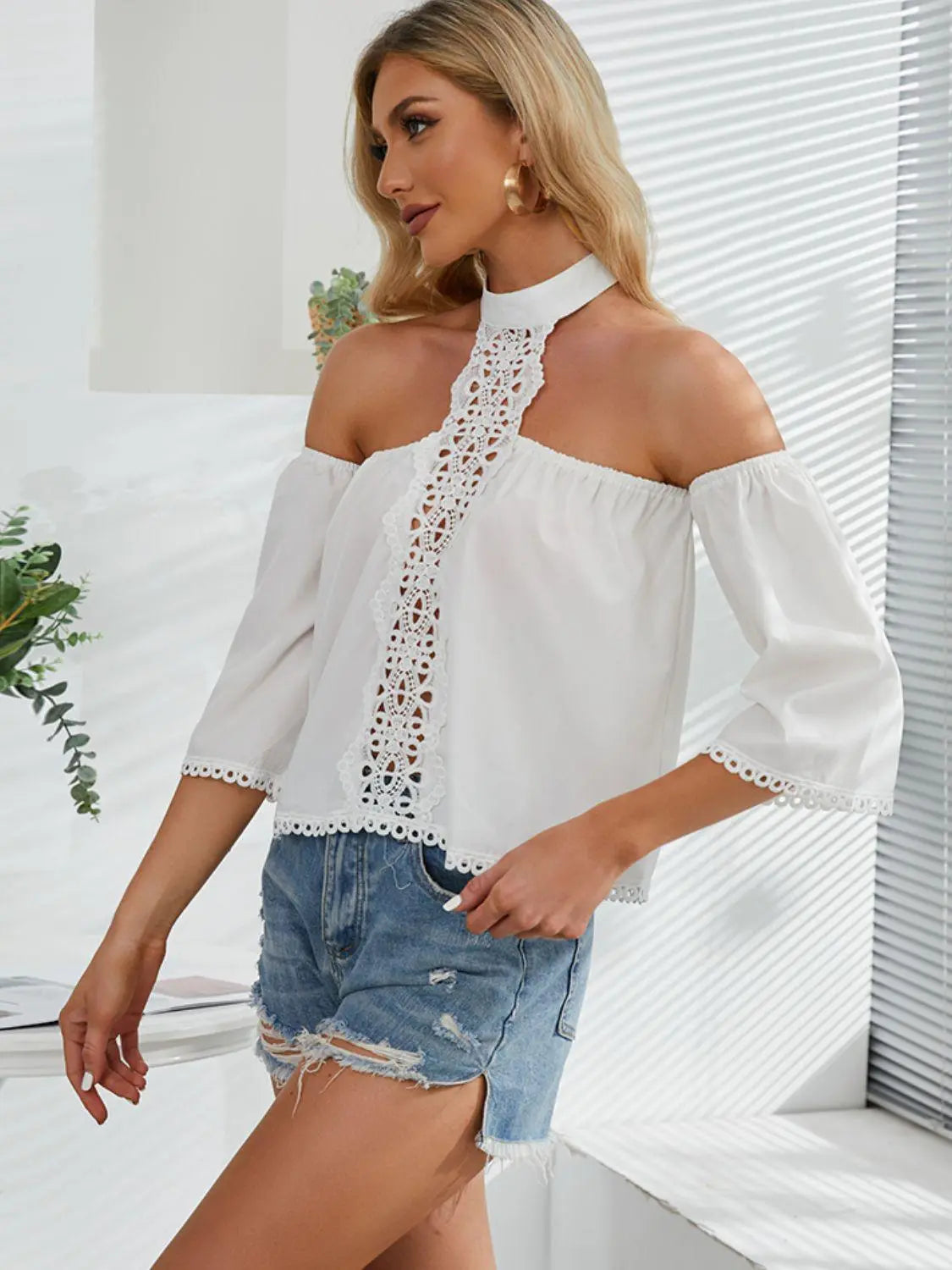 Crochet Halter Neck Cold-Shoulder Blouse BLUE ZONE PLANET