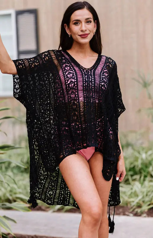 Crochet Knitted Tassel Tie Kimono Beachwear kakaclo