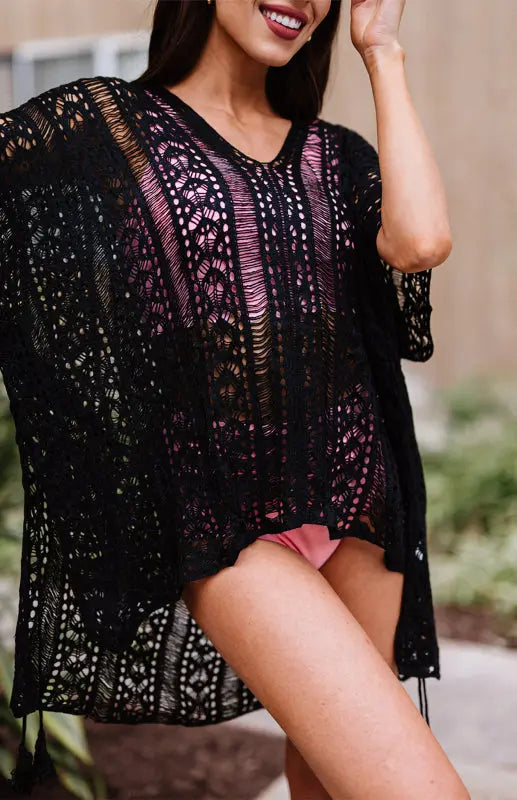 Crochet Knitted Tassel Tie Kimono Beachwear kakaclo