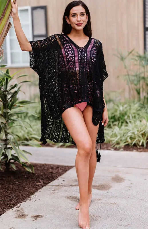 Crochet Knitted Tassel Tie Kimono Beachwear kakaclo